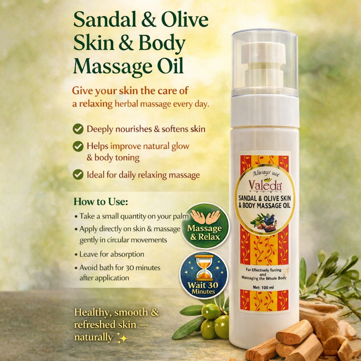 VALEDA HERBAL SANDAL & OLIVE SKIN & BODY MASSAGE OIL